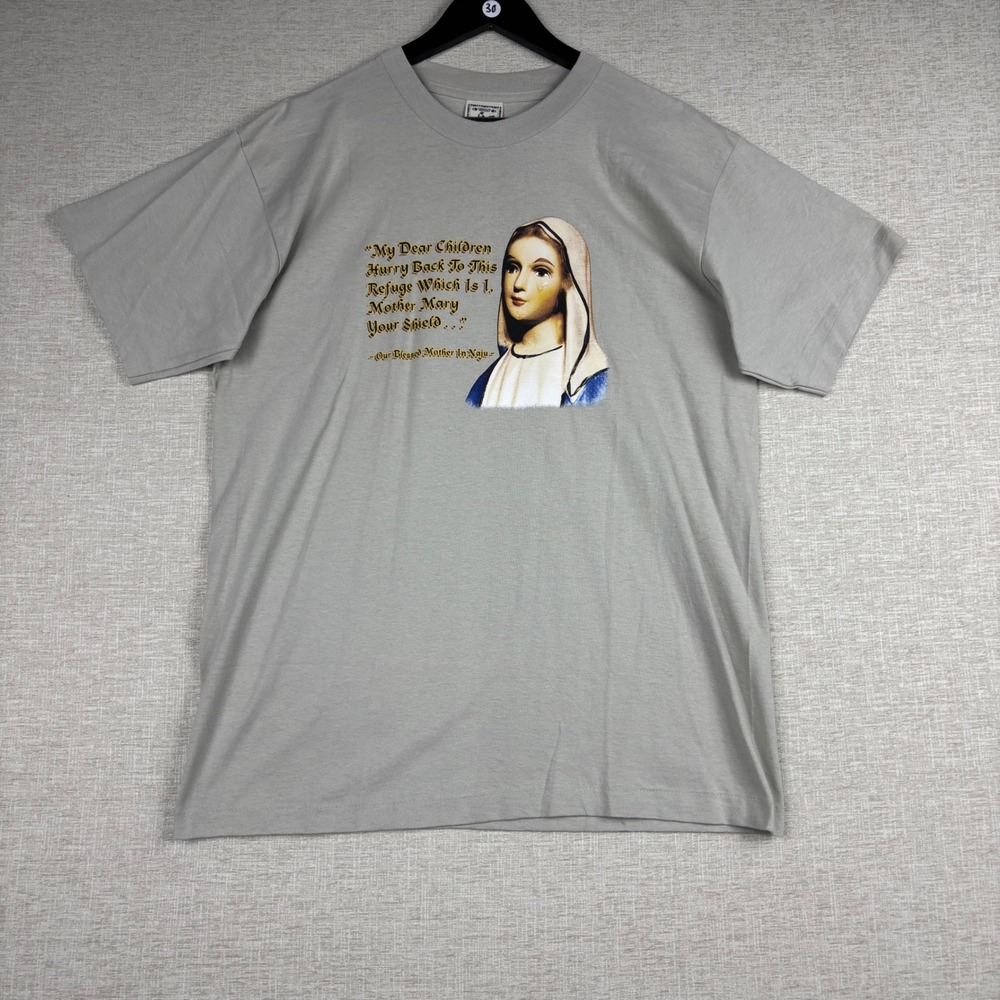 Vintage Alore Mens Grey Our Blessed Mother In Naju Religious T-Shirt L USA Made
